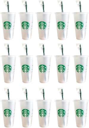 Starbucks 15 Pack Bundle - Reusable Frosted 24 Oz Cold Cup With Lid And Green Straw W/Stopper Verdes | 64905-AMIX