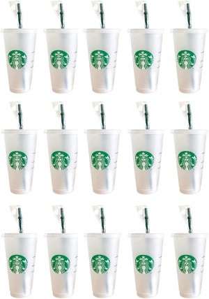 Starbucks 15 Pack Bundle - Reusable Frosted 24 Oz Cold Cup With Lid And Green Straw W/Stopper Verdes | 93682-WQGP