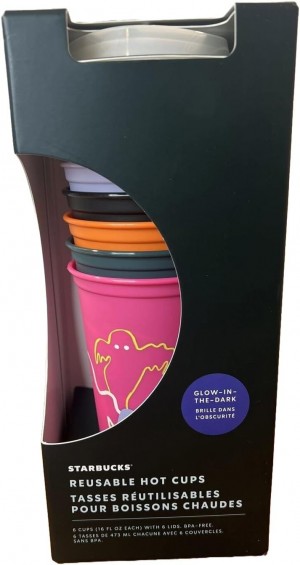 Starbucks Fall 2023 Reusable Plastic Hot Cups With Lids Glow In The Dark Halloween 6 Cups 16 Oz Each Multicolor | 31749-RMEV